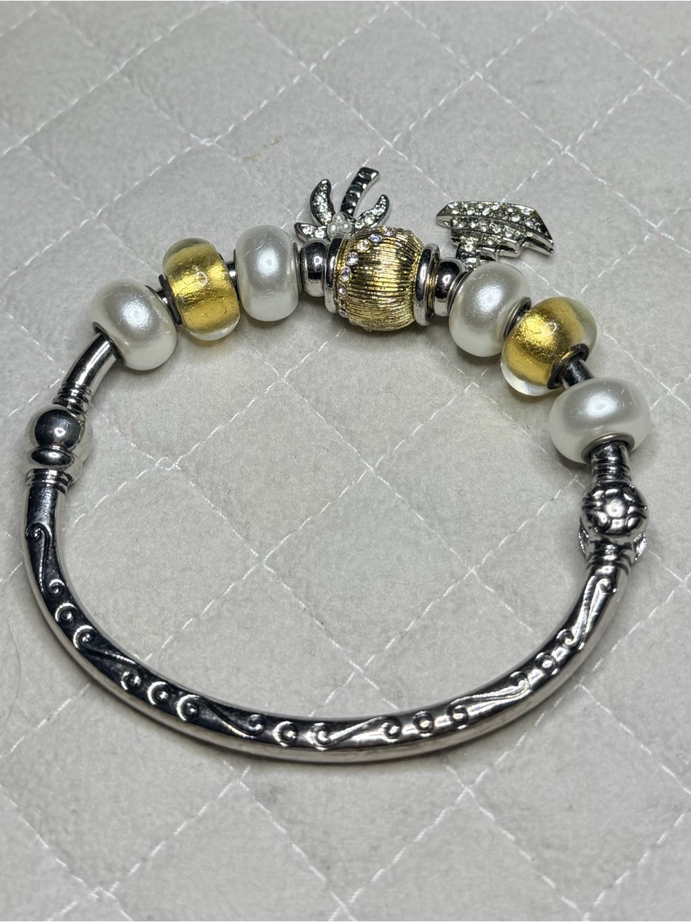 Gold and Pearl Charm Bangle Bracelet